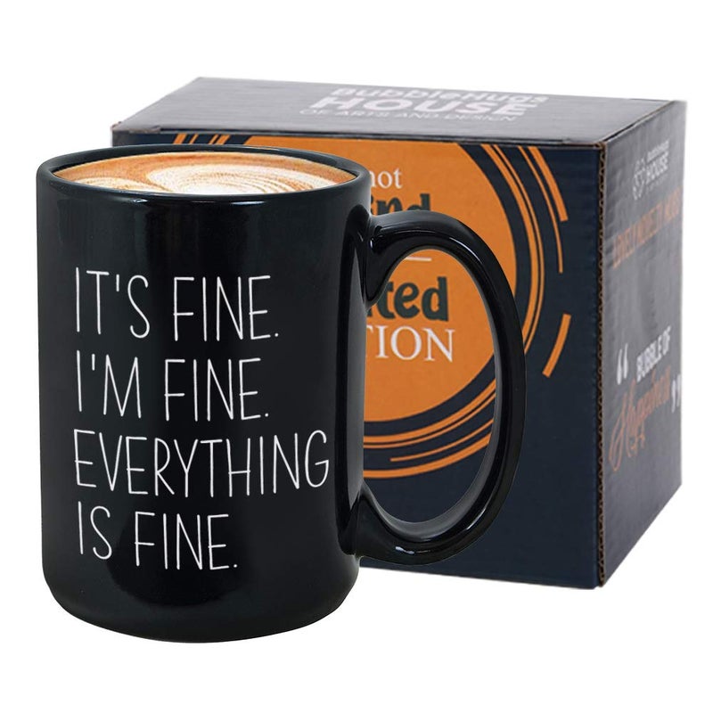 Bubble Hugs Mom Coffee Mug 15 oz Black, It's Fine Funny Witty Sarcasm Humor Mother Women - Image 1